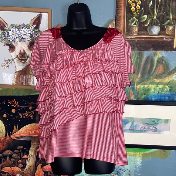 Cato Tops - RED & WHITE STRIPED LACE RUFFLE TOP Cato Plus Size Fun & Flirty! 22/24